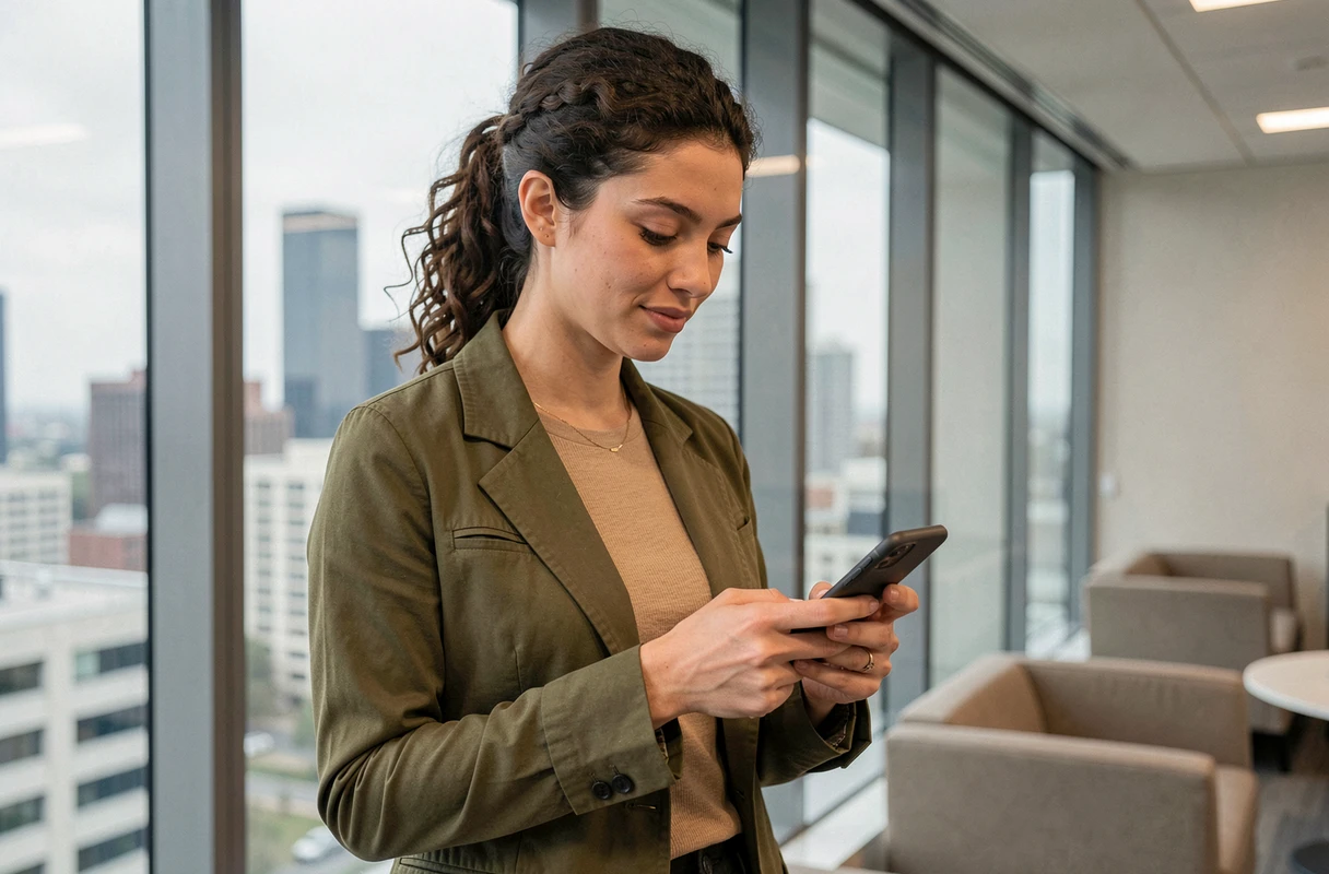 Jeune femme professionnelle consultant des offres d'emploi sur smartphone dans un bureau moderne avec vue sur la ville
