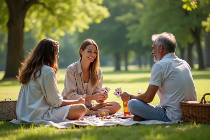 Groupe d'amis adultes jouant aux cartes dans un parc en plein air lors d'un après-midi de loisir détendu en pleine nature