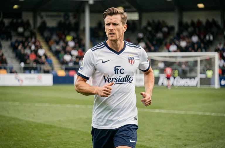 Joueur du FC Versailles en action sur la pelouse lors d'un entraînement en National 2026