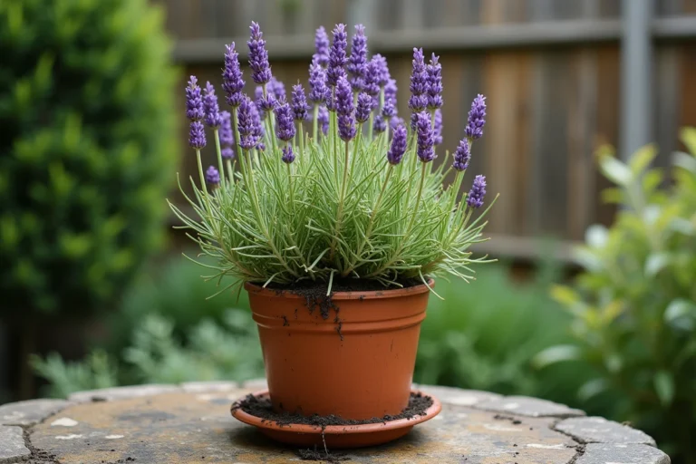 Plant de lavande qui tombe avec des tiges affaissées dans un pot en terre cuite sur une table de jardin en pierre, sol détrempé visible