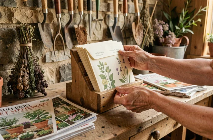 Mains féminines tenant un présentoir de sachets de graines écologiques dans un atelier de jardinage rustique