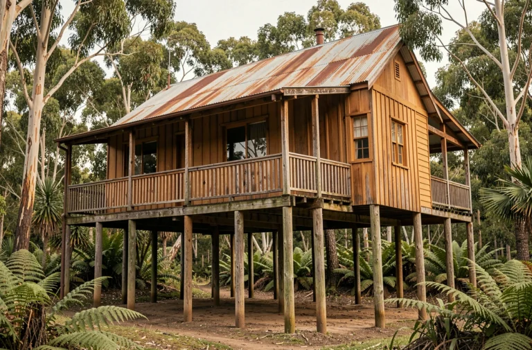 Maison traditionnelle australienne sur pilotis en bois entourée de végétation subtropicale luxuriante