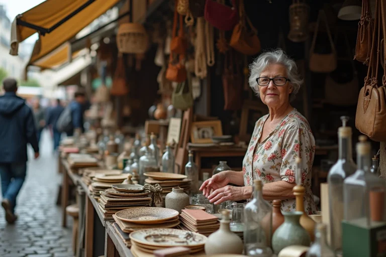 Vendeuse au marché aux puces parisien entourée d'objets en vrac, illustration du mot argot français bazardée