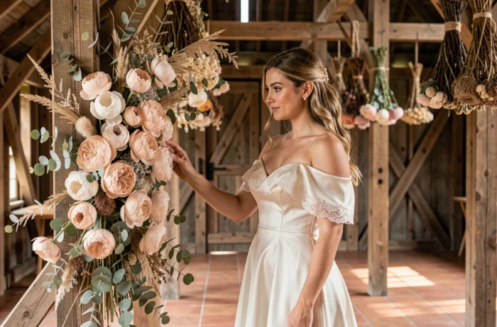 Mariée en robe de soie ivoire touchant une arche florale en pivoines et verdure dans une grange rustique décorée pour un mariage unique
