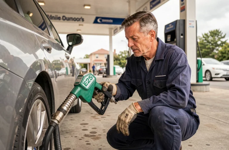 Mécanicien lisant l'étiquette d'une pompe à carburant E25 dans une station-service moderne