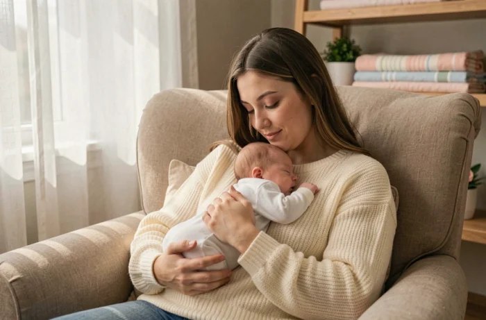 Jeune mère tenant son bébé de 3 semaines contre elle dans une chambre de bébé apaisante, moment de tendresse et de développement affectif