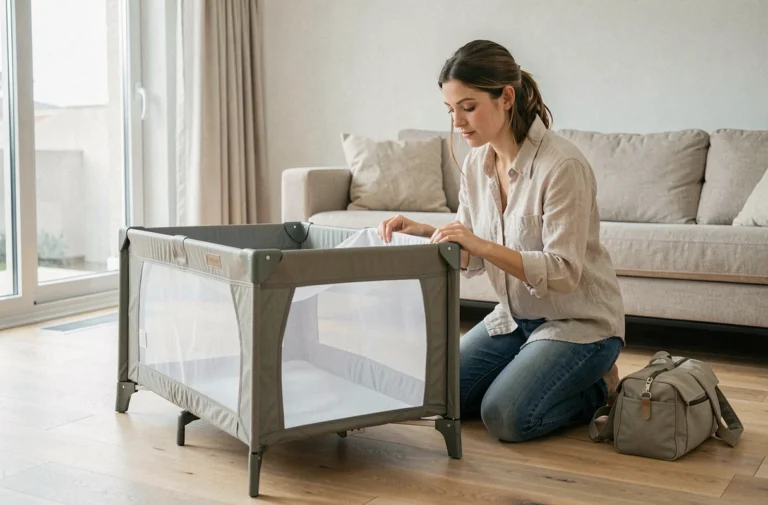 Jeune mère dépliant un lit parapluie compact dans un salon moderne, idéal pour les voyages avec bébé