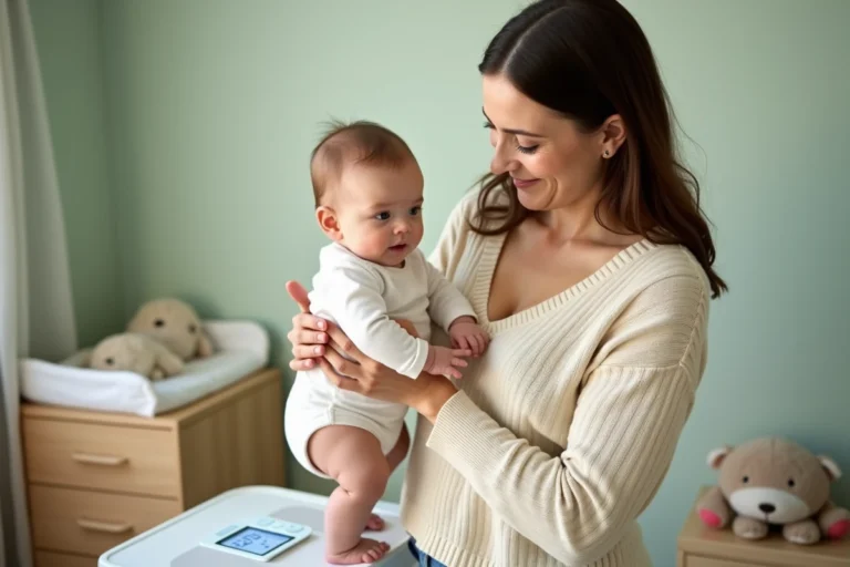 Mère pesant son bébé sur une balance numérique dans une chambre de bébé cosy avec des murs vert sauge