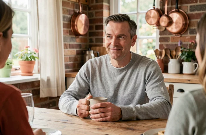 Animateur radio savourant un moment de vie familiale autour d'un petit-déjeuner dans une cuisine chaleureuse