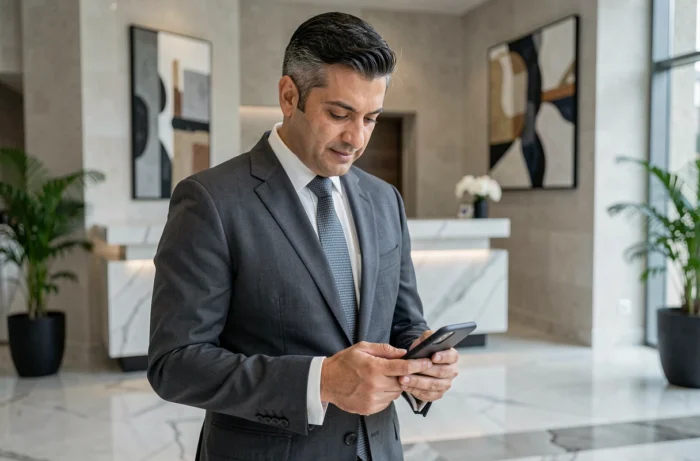 Homme d'affaires algérien dans un hall d'entreprise moderne, représentant la fortune et le parcours professionnel de Mounir Laggoune