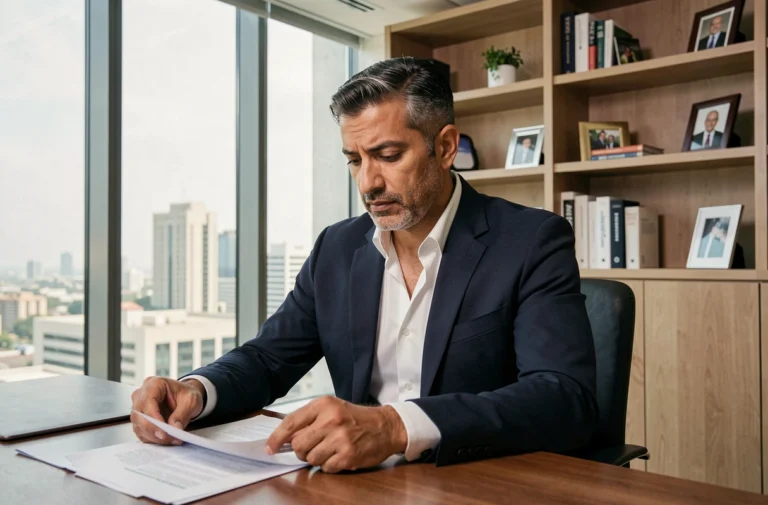 Portrait d'un entrepreneur algérien prospère dans son bureau moderne, illustrant le parcours inspirant de Mounir Laggoune