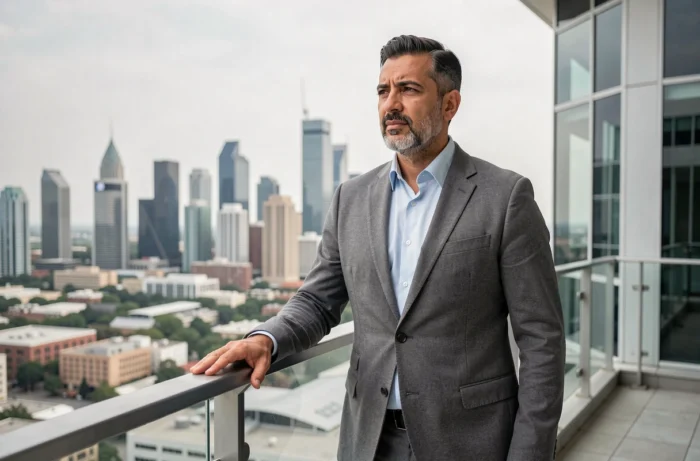 Entrepreneur de succès sur une terrasse urbaine symbolisant la réussite financière et l'ambition professionnelle de Mounir Laggoune