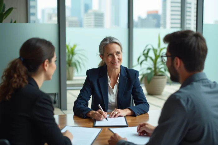 Notaire expliquant les modalités d'un héritage à des clients adultes dans un bureau moderne, illustrant la transmission d'un patrimoine familial