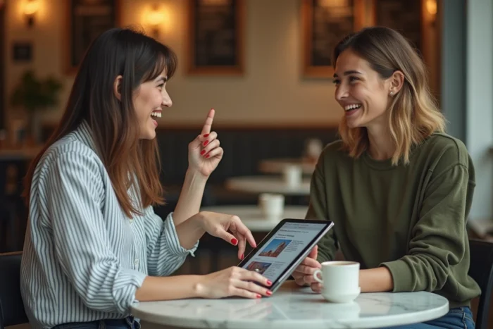 Deux amies dans un café découvrant ensemble les nouveautés d'un blog lifestyle sur une tablette