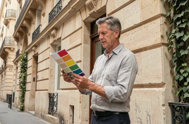 Architecte comparant un nuancier RAL avec la façade en pierre d'un bâtiment classé, illustrant les couleurs autorisées par les Bâtiments de France