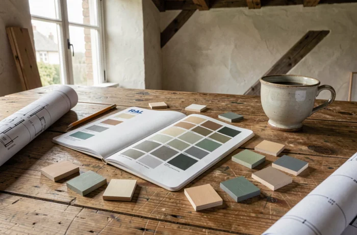 Nuancier RAL ouvert avec des échantillons de couleurs en bois sur une table d'architecte, représentant les teintes patrimoniales validées pour les zones protégées