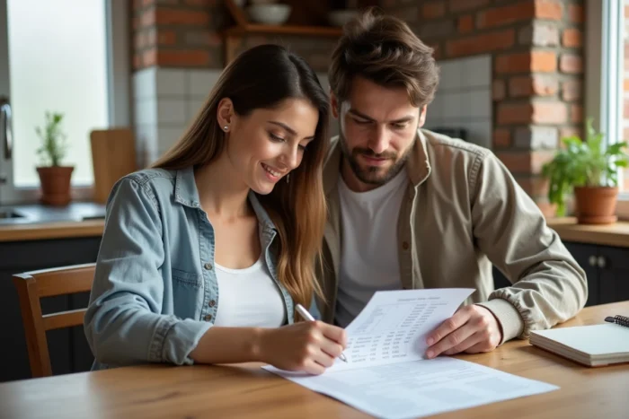 Jeunes parents consultant un tableau de croissance et de poids de bébé à la table de leur cuisine