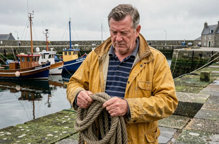 Pêcheur breton en marinière rayée sur un quai en granit d'un port de pêche traditionnel de Bretagne
