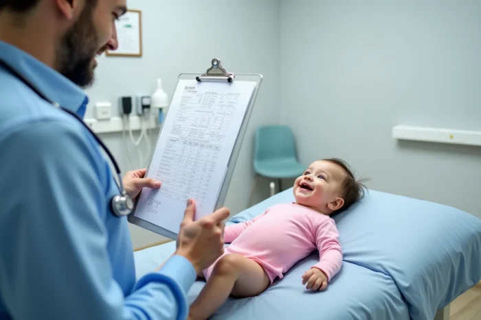 Pédiatre consultant un carnet de croissance avec un bébé sur une table d'examen en cabinet médical