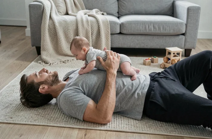 Père faisant pratiquer le temps sur le ventre à son bébé de 3 semaines sur un tapis dans le salon, étape clé du développement moteur
