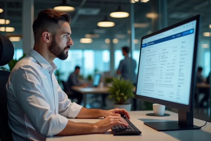 Employé accédant à un portail extranet professionnel sur un ordinateur de bureau en open space