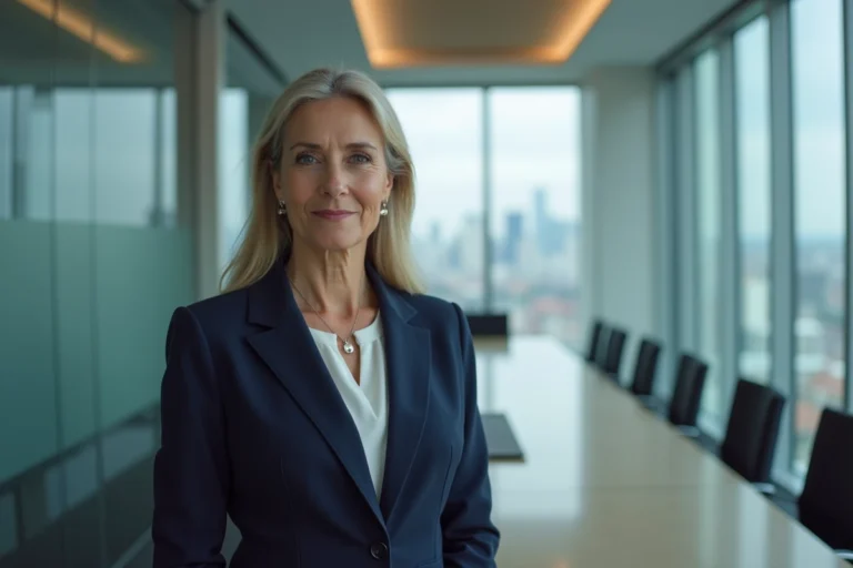 Portrait professionnel d'une directrice générale du CAC 40 dans une salle de réunion moderne avec vue sur la ville