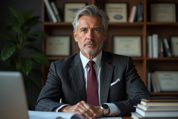 CEO masculin du CAC 40 assis à son bureau dans un bureau de direction élégant avec bibliothèque en arrière-plan