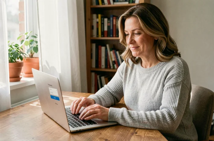 Femme connectée sereinement sur un site de jeux FDJ depuis son bureau à domicile