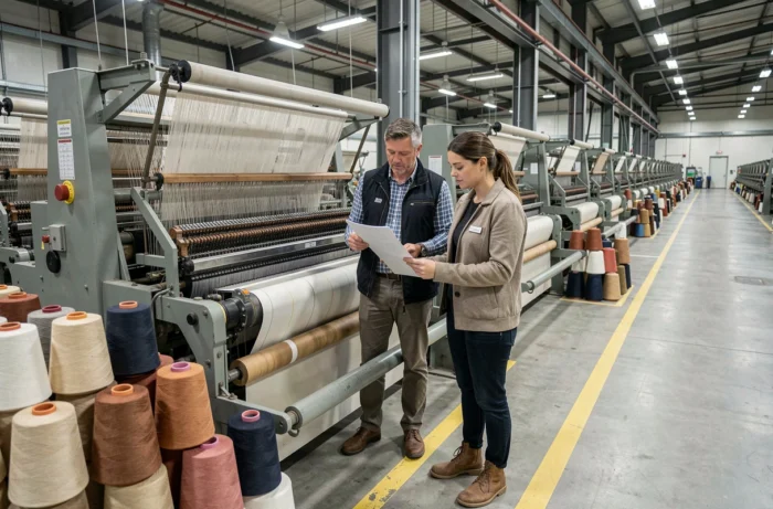 Professionnels du secteur textile inspectant la production sur métier à tisser industriel