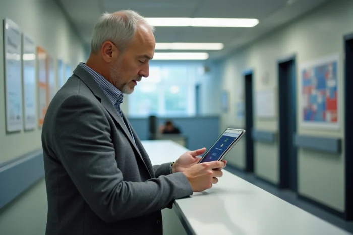Professeur consultant sa messagerie académique de Caen sur une tablette dans un couloir administratif d'école