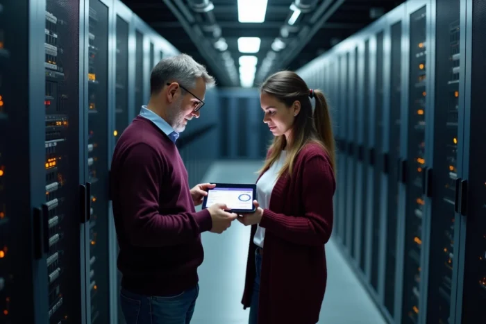 Deux professionnels informatiques d'une collectivité territoriale consultant un tableau de bord de gestion de certificats numériques dans une salle serveurs
