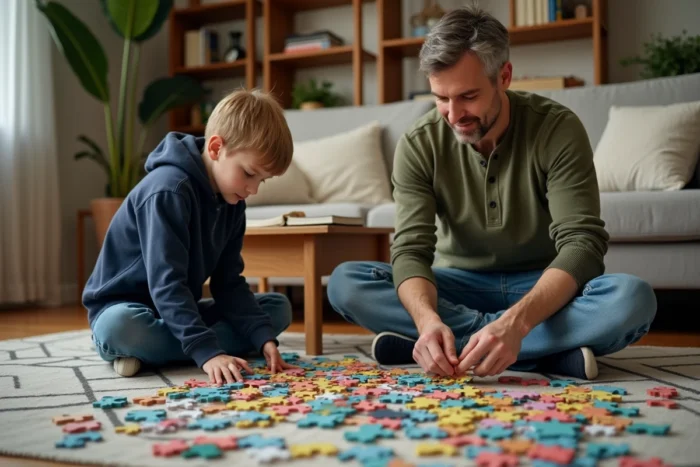 Père et fils assemblant un puzzle sur le tapis du salon, moment de loisir en famille et activité de détente pour enfants et adultes