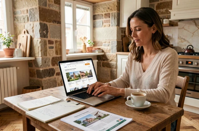 Femme consultant des annonces immobilières en ligne sur un ordinateur portable dans un appartement rénové à Bordeaux