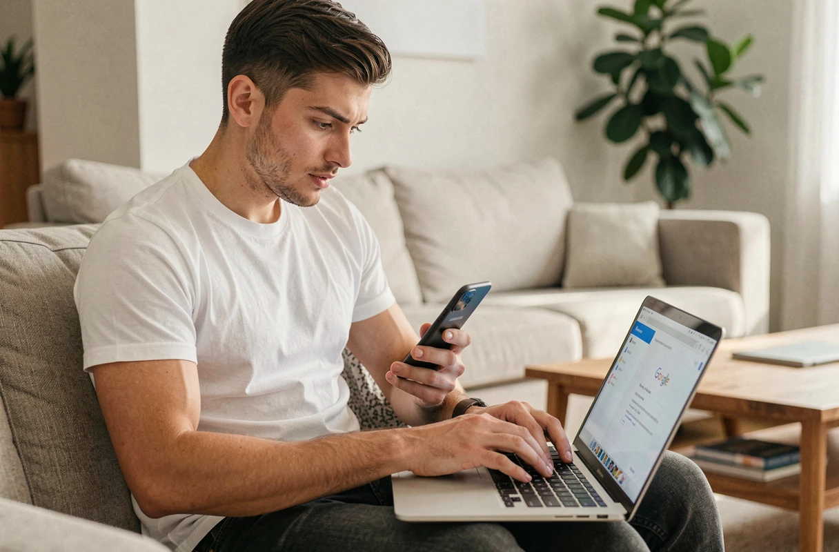 Jeune homme utilisant un ordinateur portable pour récupérer l'accès à son Samsung verrouillé