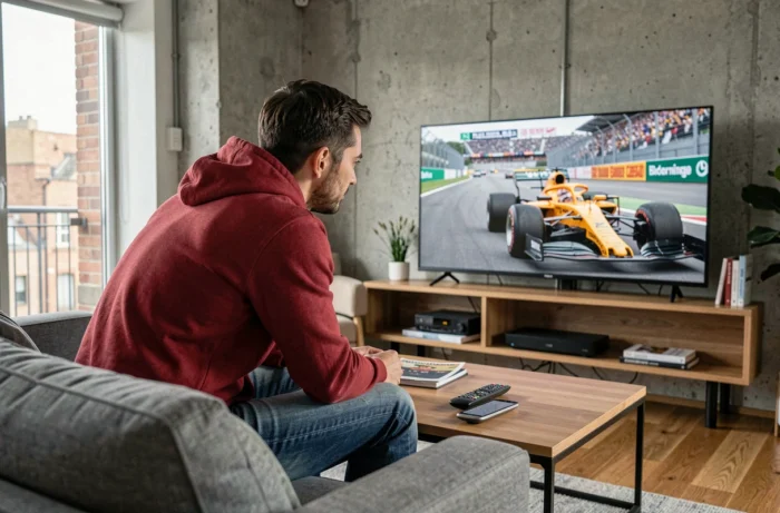 Homme regardant une course de Formule 1 en direct sur grand écran dans un salon moderne