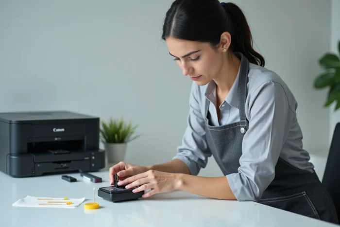 Femme utilisant un réinitialisateur de puce sur une cartouche Canon pour prolonger sa durée de vie