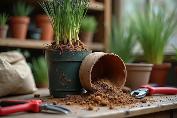 Rempotage d'un plant de lavande aux racines abîmées et entremêlées, mains de jardinier tenant la motte sur un établi en bois