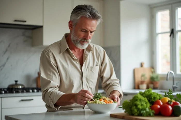 Homme préparant un repas sain et équilibré dans une cuisine moderne, symbolisant les habitudes alimentaires pour améliorer le bien-être au quotidien