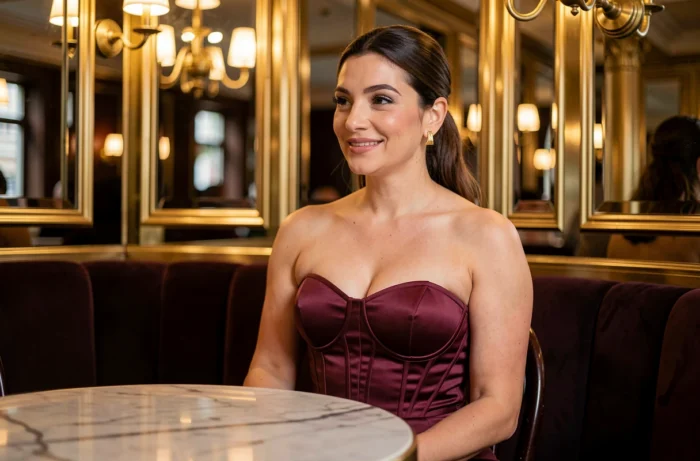 Femme sophistiquée en robe bustier bordeaux Sinequanone assise dans une brasserie française élégante