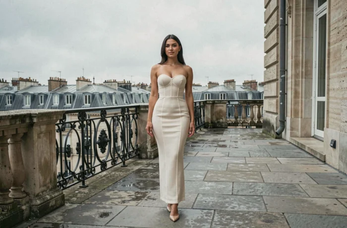 Femme en robe bustier ivoire Sinequanone sur une terrasse parisienne avec vue sur les toits