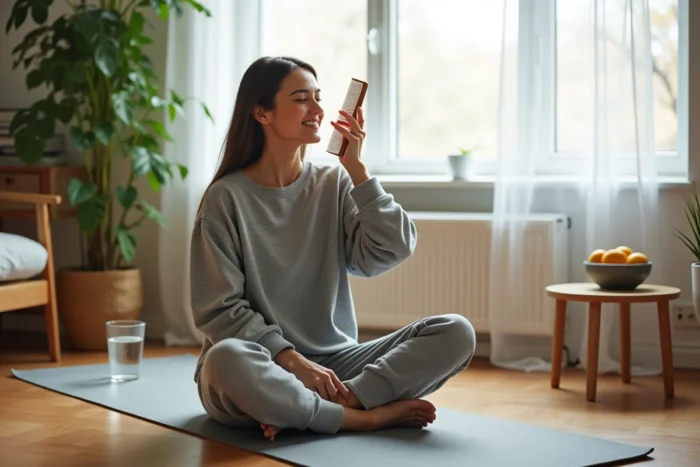 Jeune femme prenant soin de ses cheveux lors d'une routine bien-être à domicile dans un salon lumineux