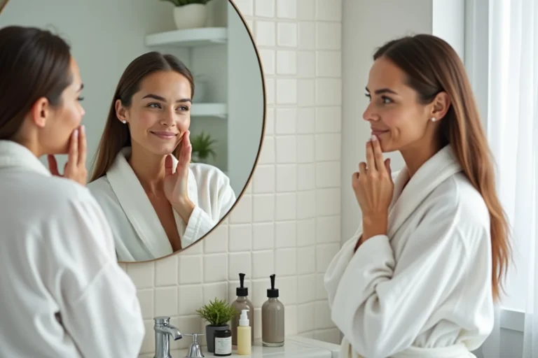 Femme appliquant sa routine de soin du visage devant un miroir de salle de bain minimaliste et lumineuse