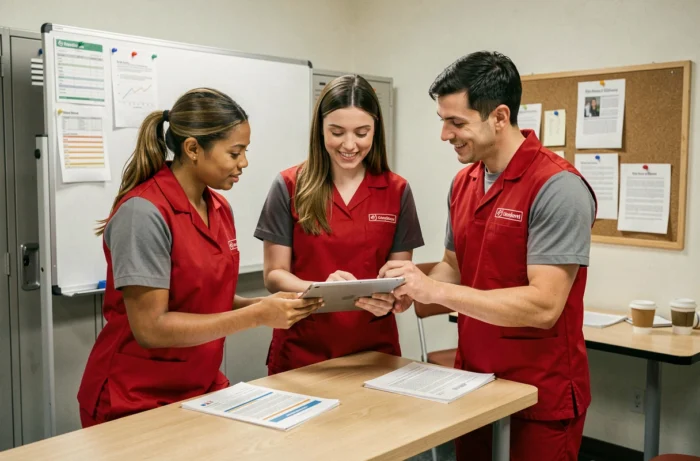 Groupe de nouveaux employés en uniforme de grande distribution lors d'une session d'intégration dans une salle de pause
