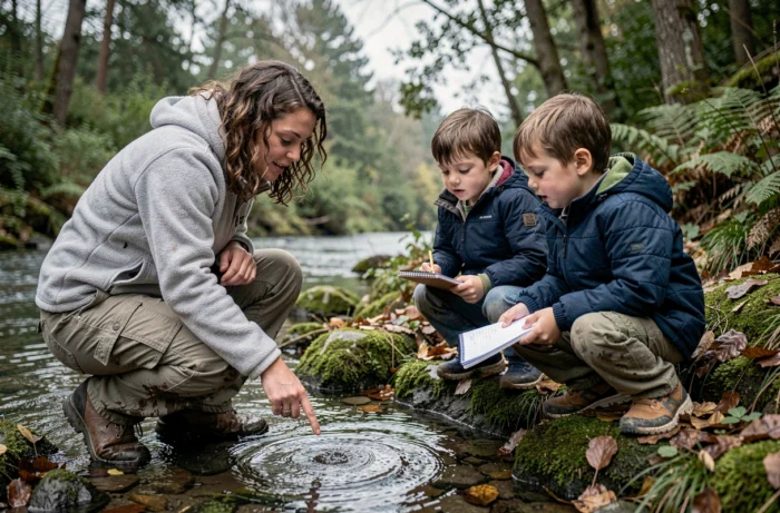Enseignante et élèves explorant la nature au bord d'un ruisseau lors d'une sortie pédagogique