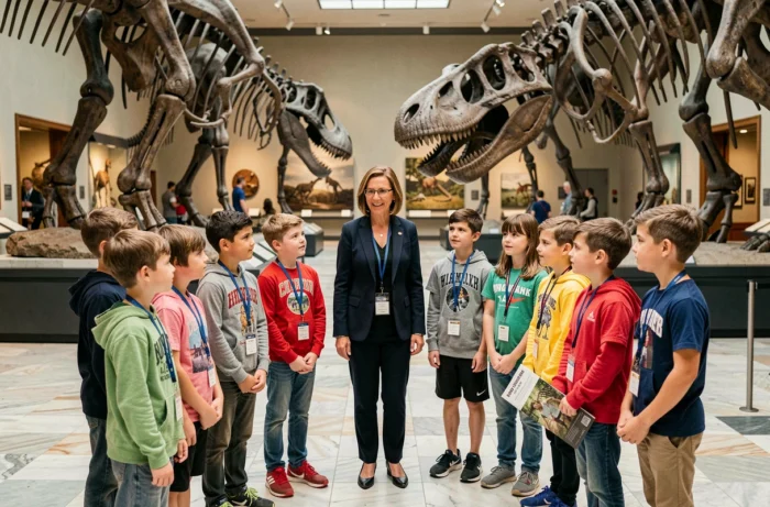 Groupe d'élèves en sortie scolaire écoutant un guide dans un musée d'histoire naturelle