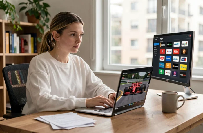 Femme suivant un Grand Prix de F1 en streaming sur ordinateur portable depuis son bureau