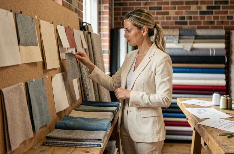 Styliste textile examinant des échantillons de tissu dans un atelier de mode professionnel