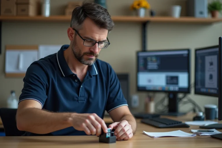 Technicien tenant une cartouche Canon pour la reprogrammer à son bureau d'atelier