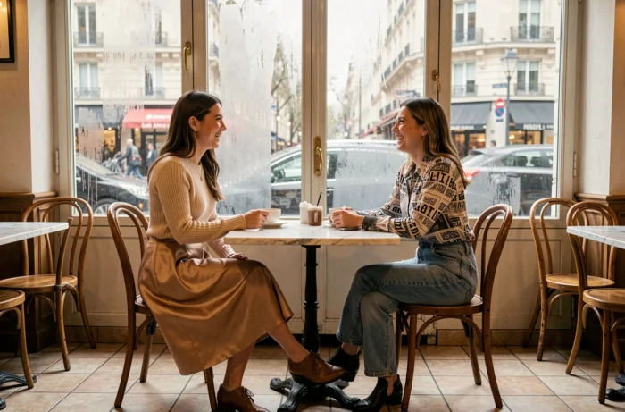 Deux femmes élégantes aux styles contrastés dans un café parisien, nouvelles tendances mode printemps été