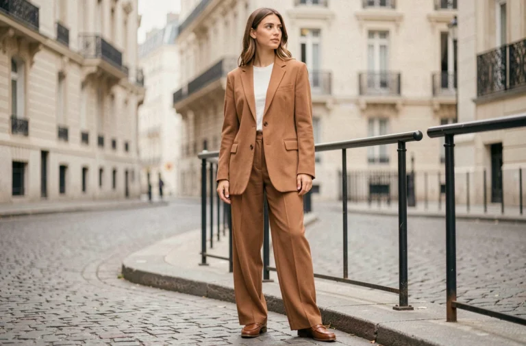 Femme élégante en blazer camel et pantalon large dans une rue pavée parisienne, tendances mode automne